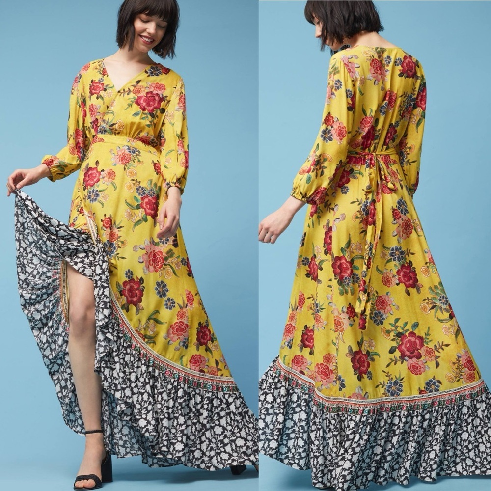 Farm Rio Sunlit Floral Maxi Dress Yellow Floral Wrap Mixed‎ Print Long Medium